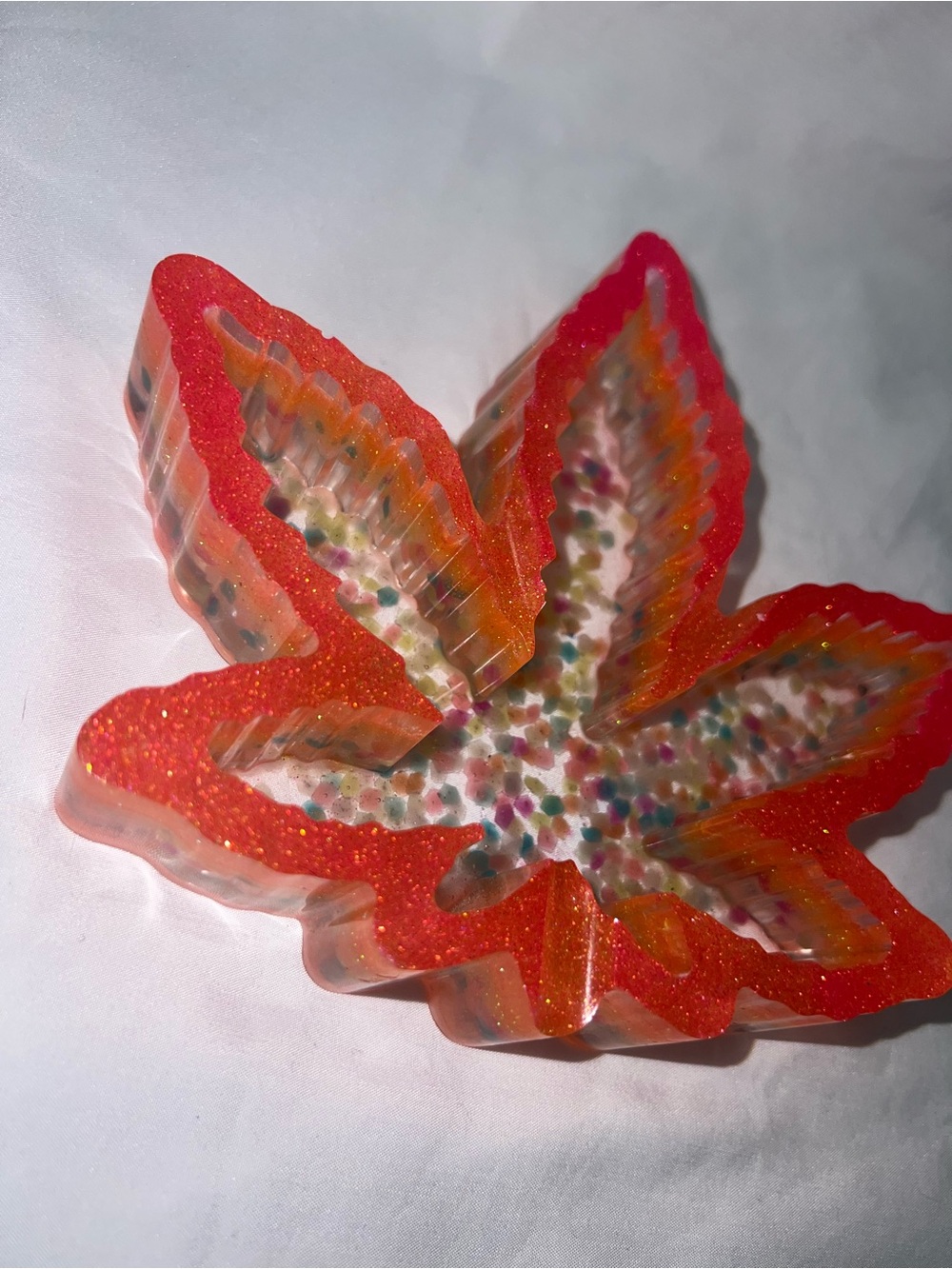Handcrafted Orange Glitter Leaf resin Tray - glows in the dark